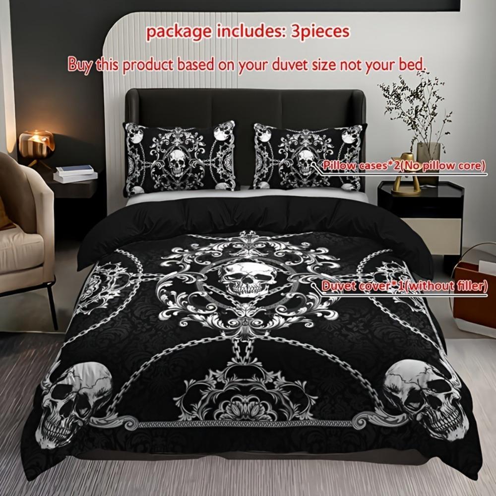 3pcs Black Bedding Set Gothic Style Skull Chain Printed Cozy Soft Duvet Cover King Queen Twin Size Birthday Gift Bedroom Decor