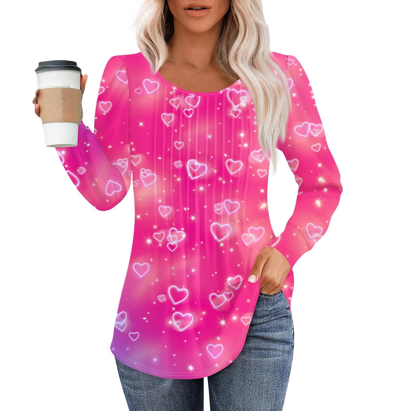 

Рубашки с длинным рукавом для женщин, топы, нарядные повседневные блузки, плиссированные топы-туники с круглым вырезом XL арбуз красный