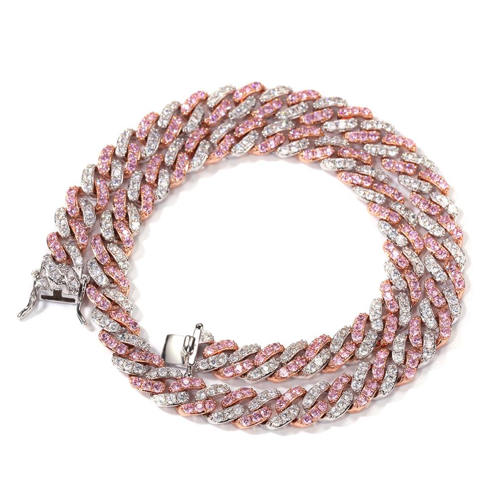UWIN Fashion 9mm Silver Pink Cubic Cuban Link Chain Rose Gold Plated CZ Women Jewelry Two Tone Plated Necklace 14inches(35.56cm)