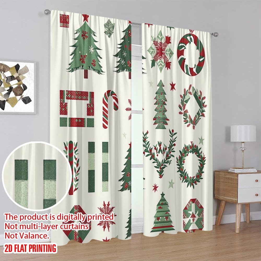 2pcs,2D Plane Printing Creative Curtains Christmas Trees Wreaths Bows Stars Durable 100% Polyester Fabric (without Rod) Holiday