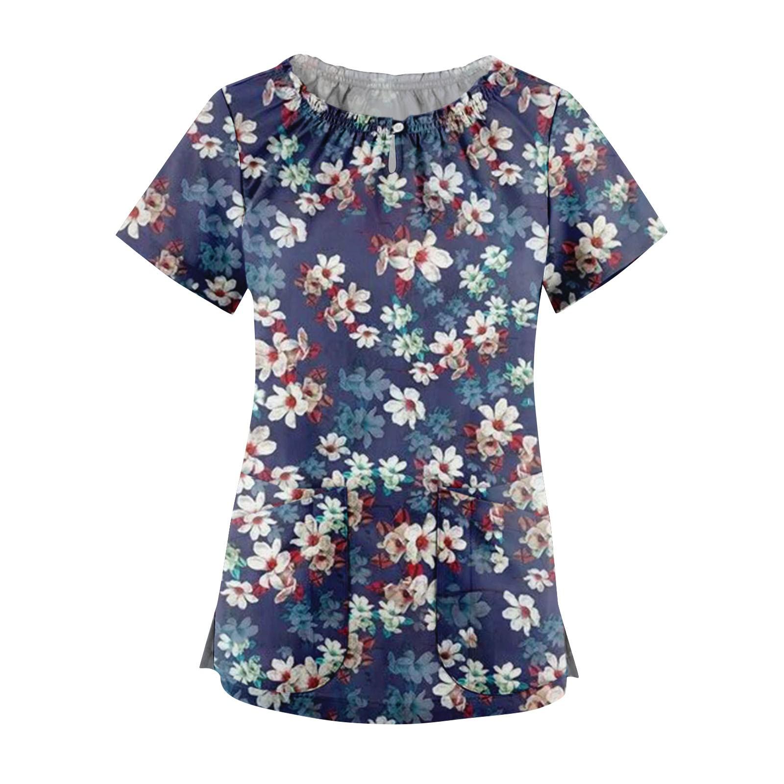 

Women s Summer Lace Collar Short Sleeve Flowers Print Tops Quick Dry Workwear With Pockets M темно-синього кольору