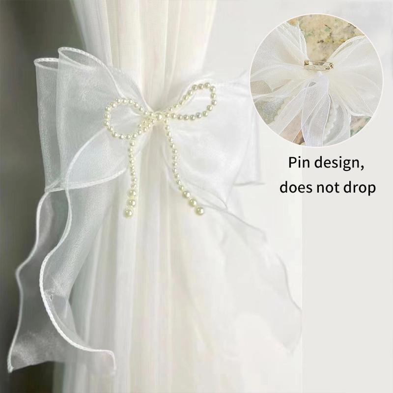 Lace Bow Window Screen Tie Decoration Lace Bow Curtain Tie Decoration White Curtain Pearl Bow Hanging Decoration French Balcony