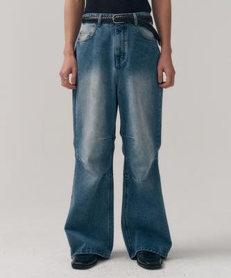 MINAV Men'S Down Wide Denim Pants [Mid Blue]