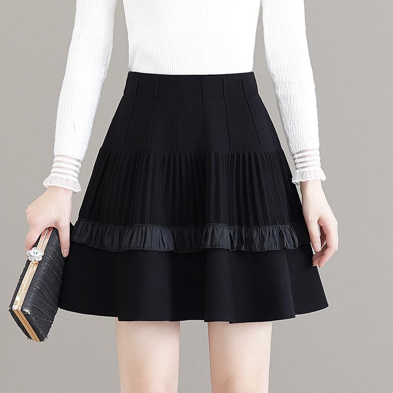 Women s High Waist Knit Ruffle Hem A-line Bodycon Skirt - Autumn/Winter 2025 M чёрный