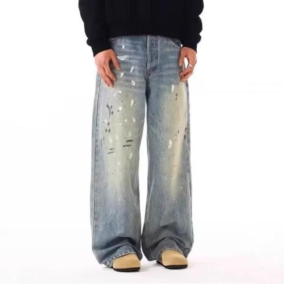 American retro trendy brand splashing ink washed old loose straight wide-leg pants commuter versatile straight-leg pants jeans tide