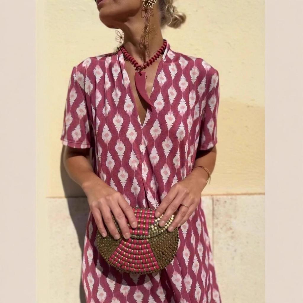 Summer Loose Waist Short Sleeve Mid-Length V-Neck Dress with European & American Ethnic Print