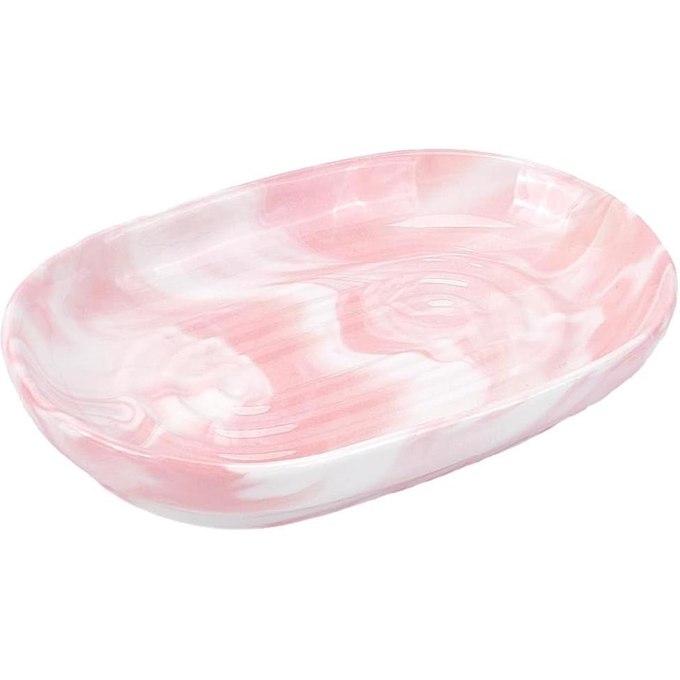 CREATCABIN Ceramics Soap Dish Soap Holder Pink Texture Handcrafted Fancy Multi-Purpose Soap Bar Holder Marble Textures Oval Soap Tray Non-Slip for