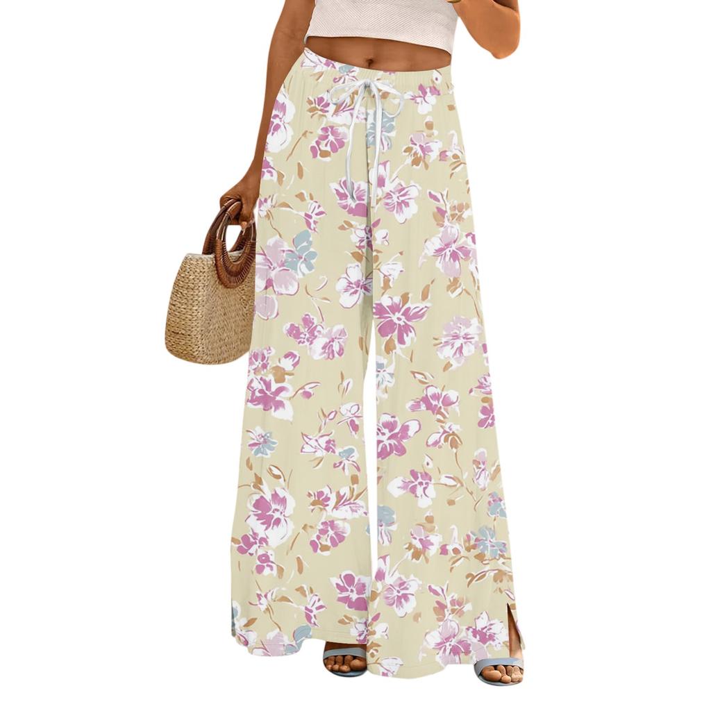 Women's Casual Wide Leg Pants Stretch Belt Pocket Floral Print Adjustable Tie Pants