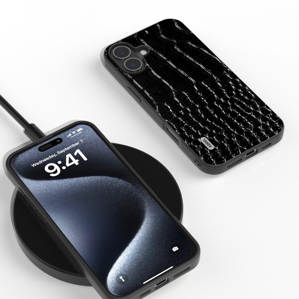 ABEEL For iPhone 16 Case Crocodile Texture Genuine Cow Leather Coated PC+TPU Phone Cover