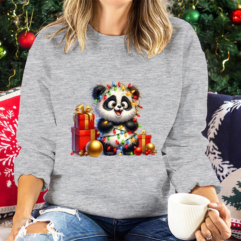 Merry Christmas Cartoon Panda Lights Design Women Sweatshirt Graphic Christmas Kawaii Cartoon Panda Gifts Holiday Sweatshirts