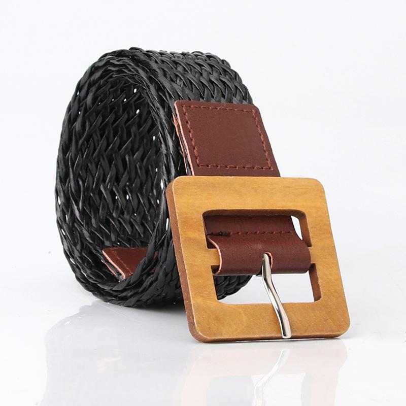 Women's woven belt Wood color square buckle decorative jeans belt Simple fashion dress belt