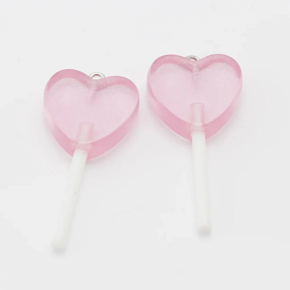 

10PCS Glitter Hearts Shape Lollipop Resin Pendants Cute Candy Charms for Jewelry Making Supplies Diy Earings Keychain Findings