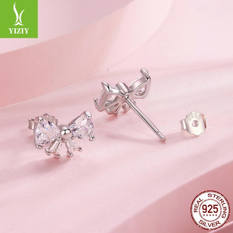 Sparkling Zircon Bow Stud Earrings Lady, Sweet Girl Heart S925 Sterling Silver Stud Earrings