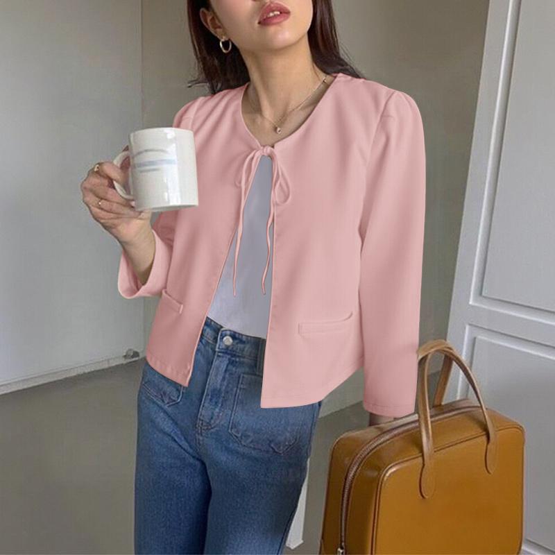 

ZANZEA Женская повседневная блузка-кардиган на шнуровке с круглым вырезом и длинными рукавами 5XL розовый