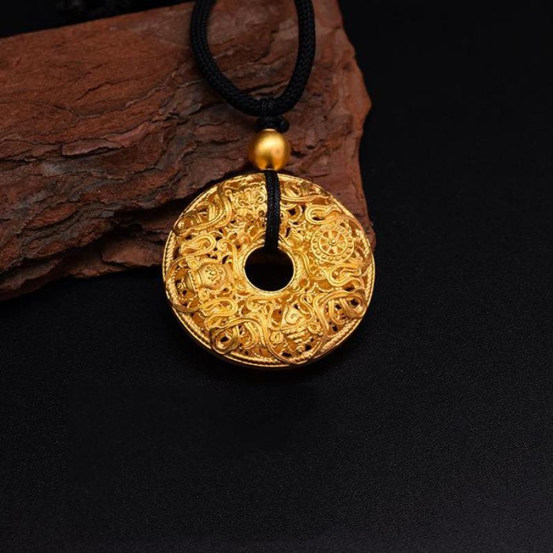 Gold Color Necklace with Ancient Buddhist Eight Treasures and Safe Buckle Pendant for Men and Women