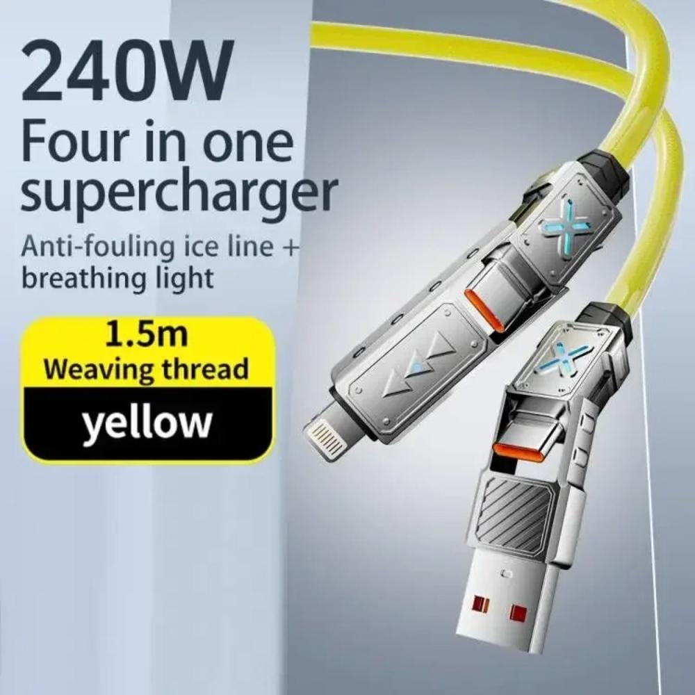 240W 4-in-1 Super Fast Charging Data Cable USB-C To Type-C Zinc Alloy Cable For Iphone Samsung Huawei Xiaomi Multi Port Multiple