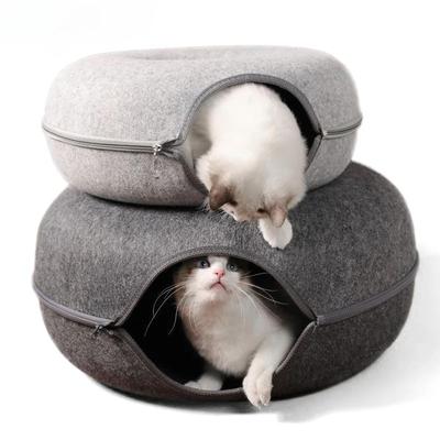 Donut Cat Bed for 2 Cats Pet Cat Tunnel Toys Kitten House Basket Interactive Play Toys for Cats Natural Felt Rabbit Cave Nest