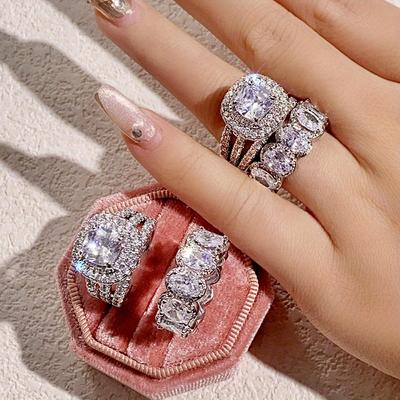 Luxury 2 Pcs/set Silvery Color White Stone Ring Set Wedding Band Valentine's Day Jewelry