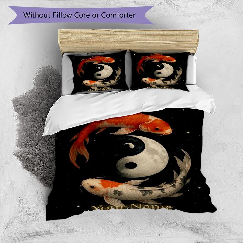 Koi Yin Yang Custom Name Text Print 1Pc Bedding Set Duvet Cover With Two Pillowcases Soft Bed Linen For Household Bedroom