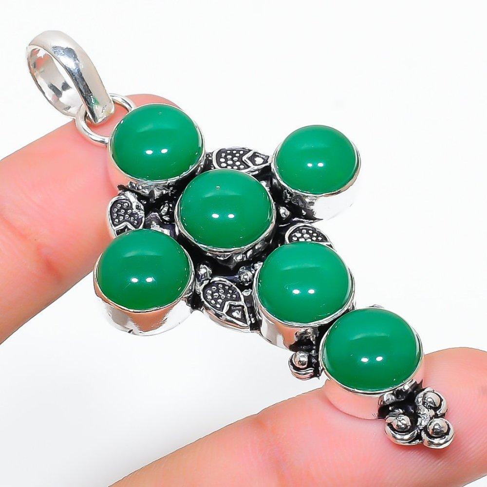 Natural Green Onyx Gemstone Handmade 925 Sterling Silver Pendant 2.76" B2k74