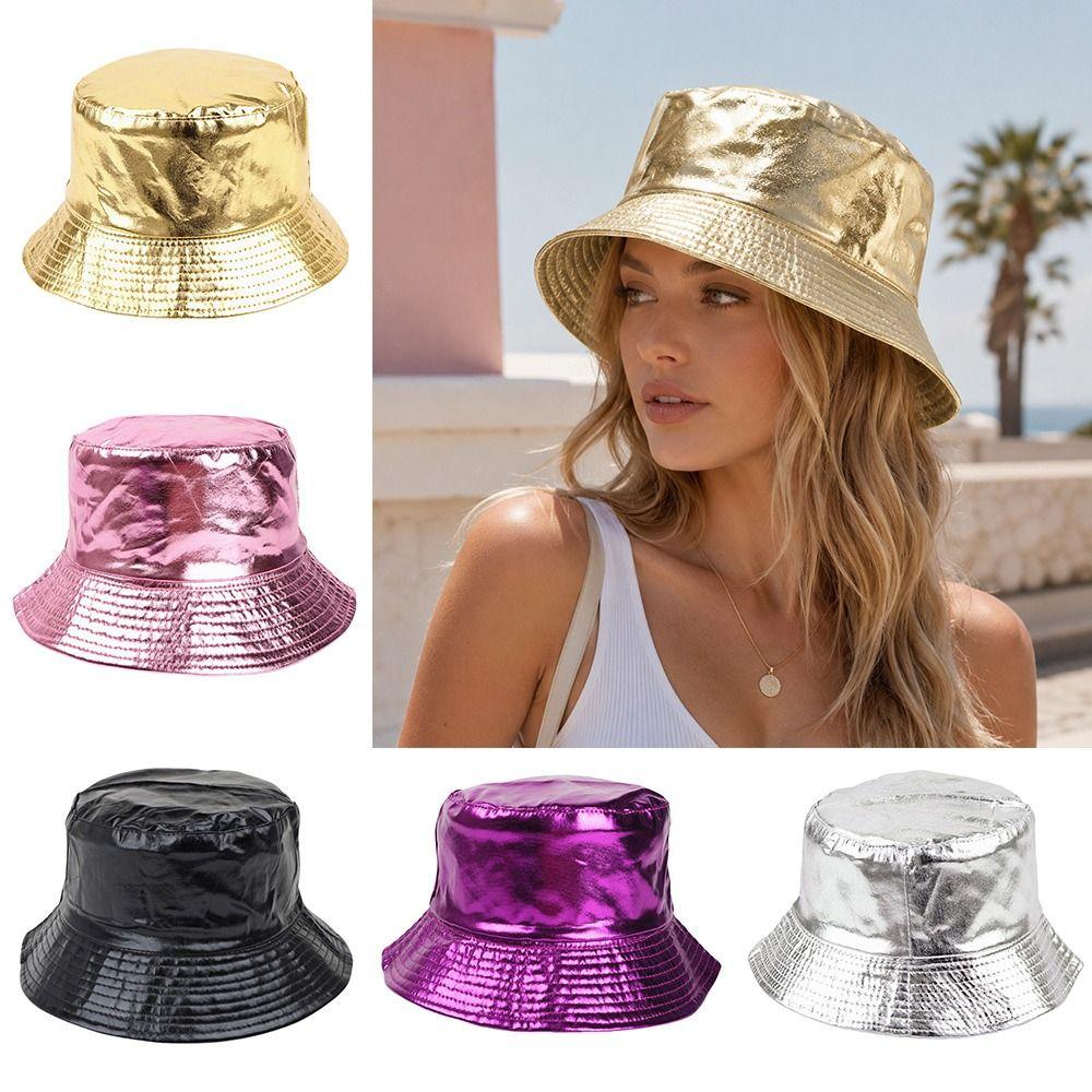 Zealous Sole Women's Black Double Sided Wear Reversible Bucket Hat Breathable Harajuku Style Gold Silver Fisherman Hat Leather Upf 50+ Sunscreen
