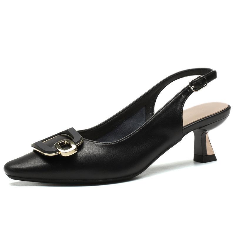 Leather Spring New Baotou Middle Heel Sandals Fairy Style High Heels Back Tripple Strap Square Head Single Shoes Women