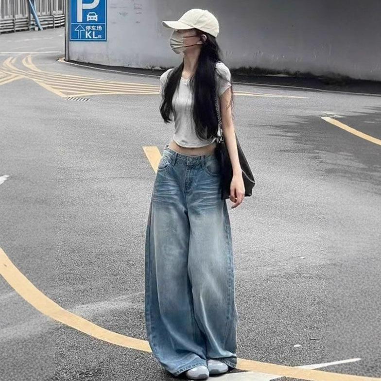 Comfortable Blue Wide Leg Jeans Women Autumn Loose Versatile Slim High Waist Draped Drag Floor Straight Trousers Jeans for Women Long Denim Pants