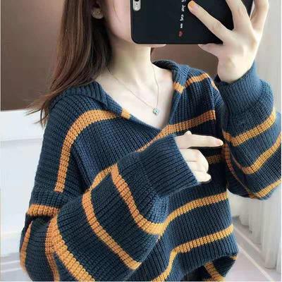 Sweater Female 2022 Autumn and Winter New Korean Loose and Thin Striped Naval Collar Lazy Wind Wears Sweater Women's Pullovers