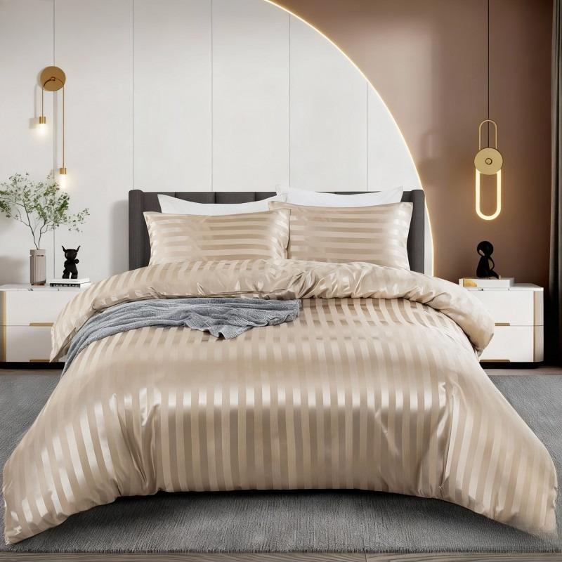 

Luxury Silky Satin Striped Duvet Cover Full/Queen/King/Single/Double Size Set Like Ivory White Stripe Duvet Cover Bedding Set 135x200cm-2pcs