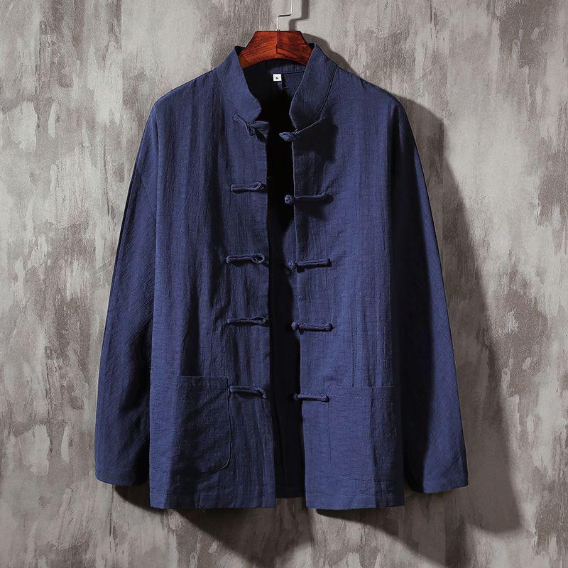 Men's Chinese Style Long-Sleeve Stand Collar Cotton Linen Shirt for Spring and Autumn