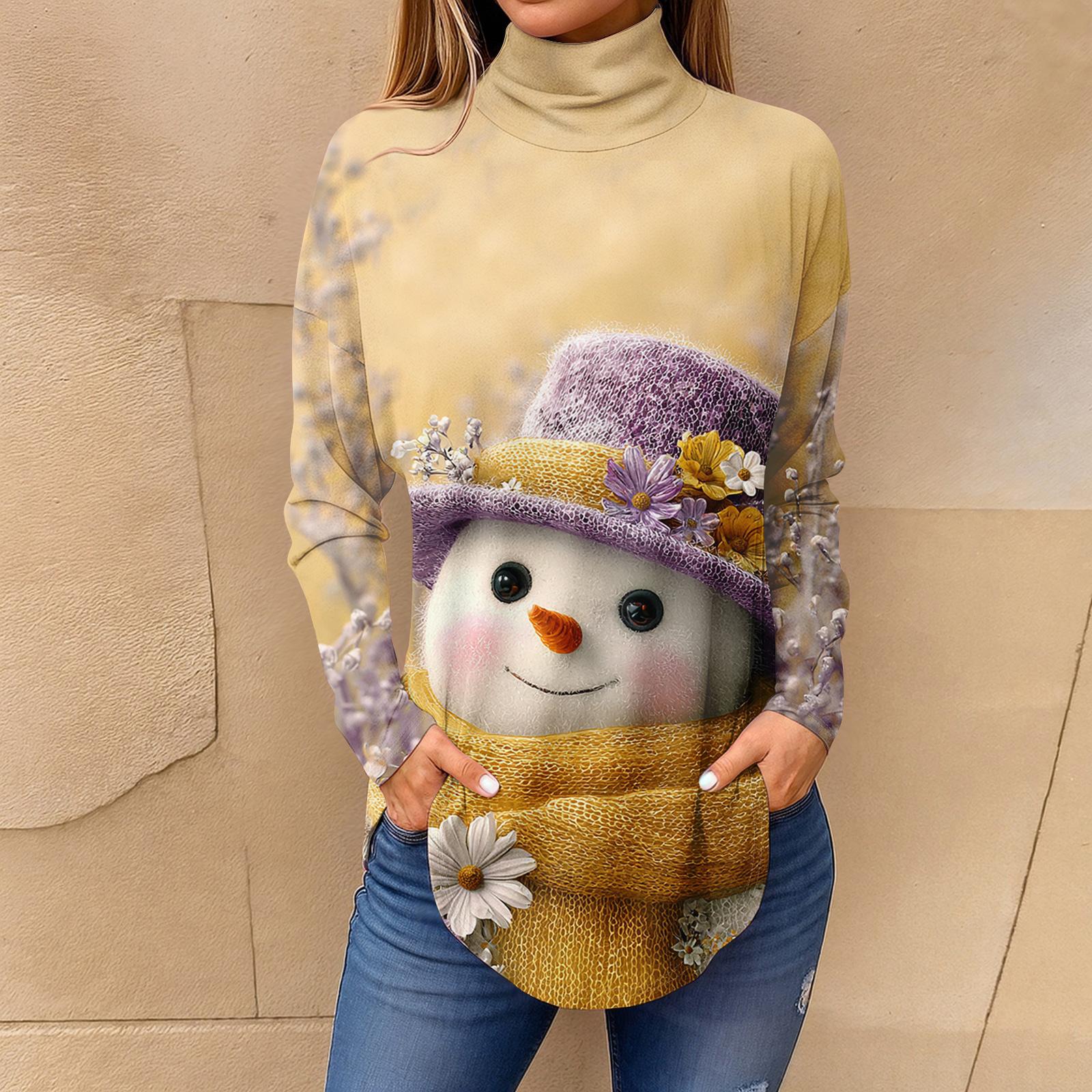 

Женская модная повседневная футболка с длинным рукавом с высоким воротом и принтом, пуловер, топ L оранжевый