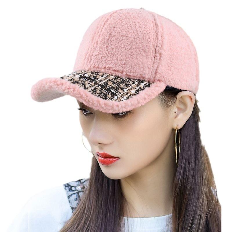 Ladies hat peaked cap autumn and winter small fragrant style lamb wool thickened warm baseball cap solid color versatile casual versatile