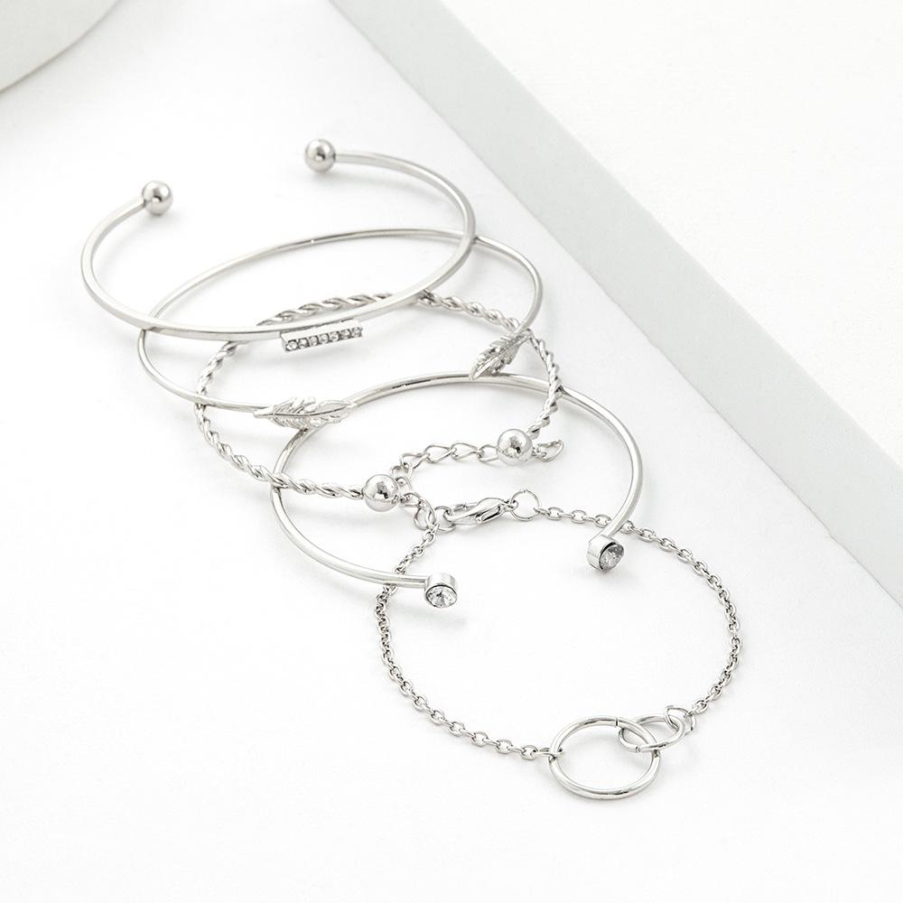 European Rhinestone Leaf & Bar Bracelet Set: Five-Piece Twisted Circle Design