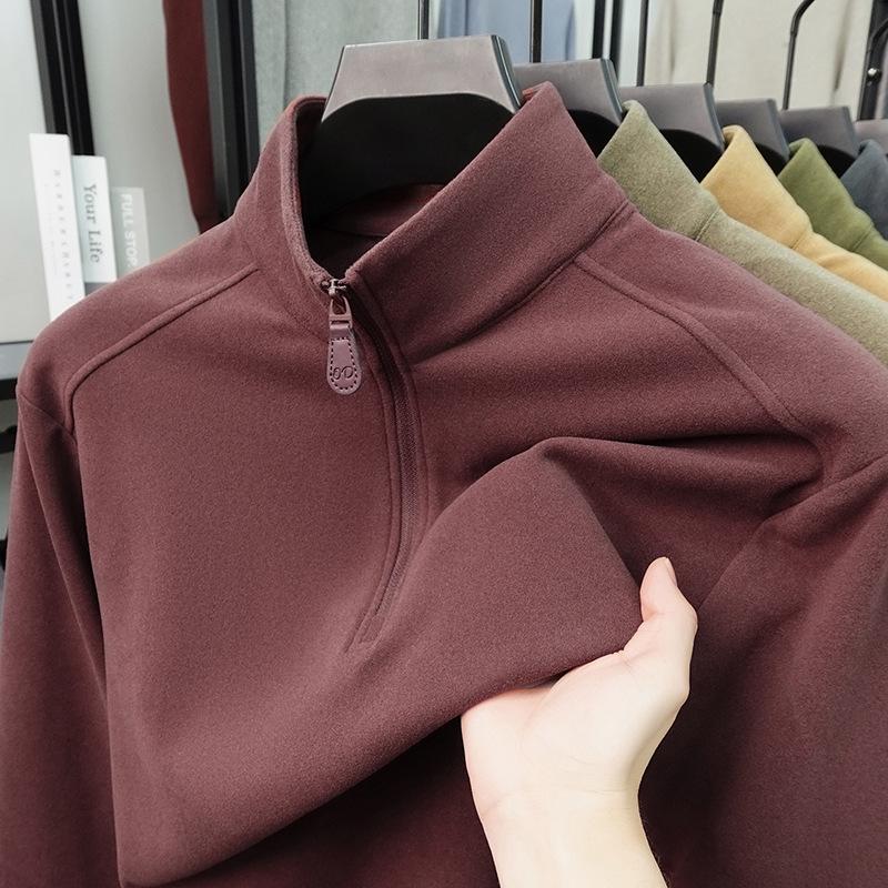 Men's Double-Sided Fleece Half-Zip Hoodie, Stand Collar, Solid Color, Autumn/Winter Fashion, Casual & Warm Top.