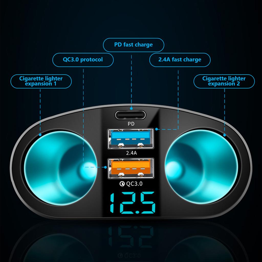 5 in 1 Car Charger Double USB Port Type C Quick Charging Power Splitter Adapter with Blue LED Light for Phones Tablets