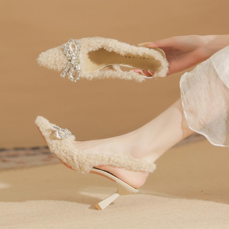 7519-2 [sheepskin] high-heeled fluffy shoes women's thin heels 2025 new baotou rhinestone bow shoes
