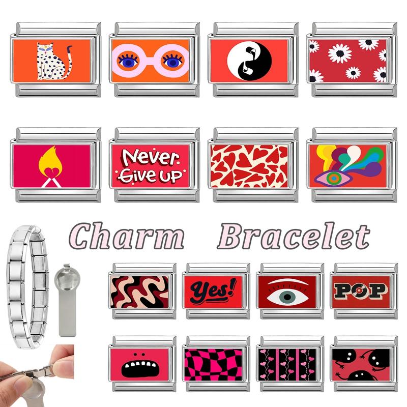 New Creative Tai Chi Cat Eyes Heart Flowers Italian Charm Links Fit 9mm Stainless Steel Bracelet Women Men DIY Making Gifts