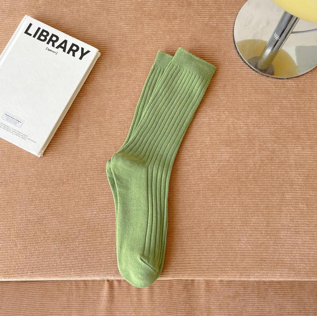Dámské ponožky ze 100% čisté bavlny do půlky lýtek, trendy korejský styl, jednobarevné, dvoujehlové, podzimní/zimní svislý proužek, podkolenky s volným lemem
