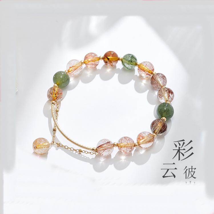 

Rainbow Rutilated Quartz Crystal Bracelet for Women, Simple Green Phantom Red Rabbit Hair Crystal Bracelet Jewelry, Gift for Girlfriend Strawberry crystal model