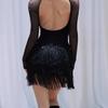 Damen Sommer Latin Dance Outfit: Spaghetti-Träger Pailletten Fransen Oberteil & Halber Rock