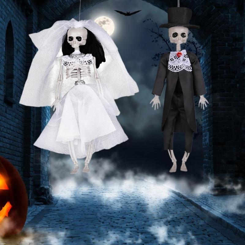 Halloween Decorations Outdoor Hanging Bride Groom Skeleton Poseable Hanging Skull Scary Room Pendant Yard Decors