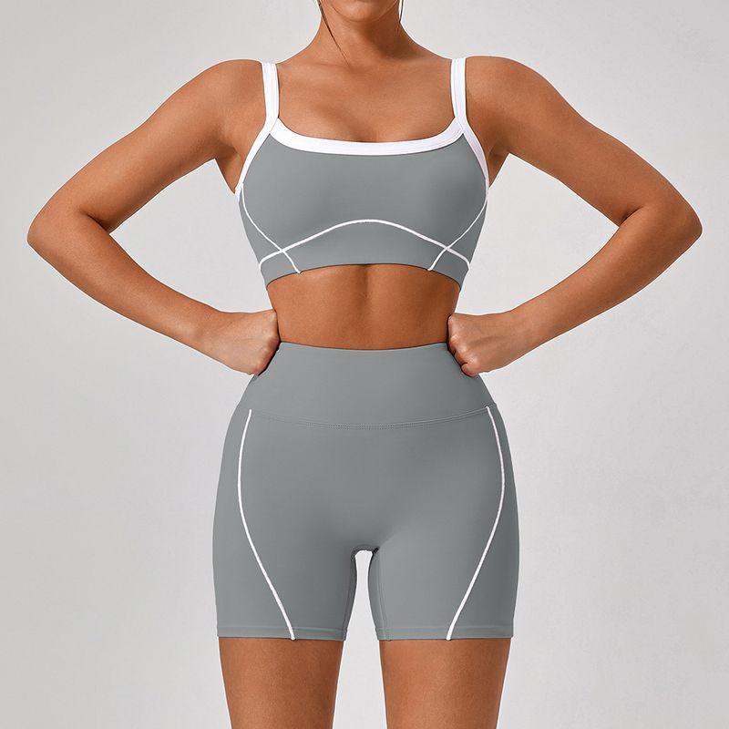 

Foreign Trade Sleeveless Nude Feel With Chest Pad Sling Fitness Outer Wear Underwear Shoulder Strap Contrast Color Bra Long Shorts Yoga Suit YW512 + KW305 fog gray XL/10
