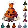 Women's Halloween Printed Dress Sleeveless Spaghetti Strap Fit and Flare Dress Ghost Pattern Vintage Style Dress for Costume Party