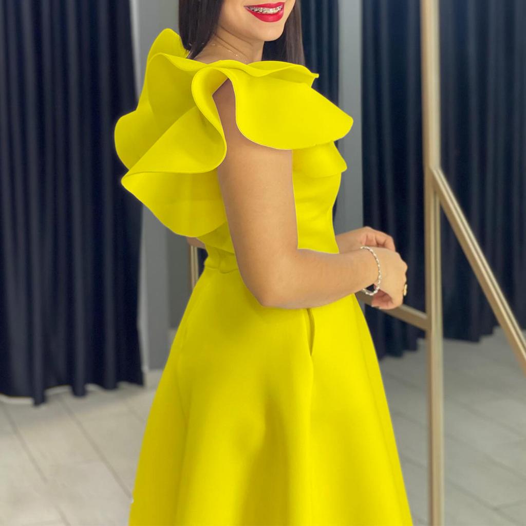 YYFS Dámská móda Léto Jaro Jednobarevný potisk Neformální šaty s krátkým rukávem a výstřihem do V s vysokým pasem