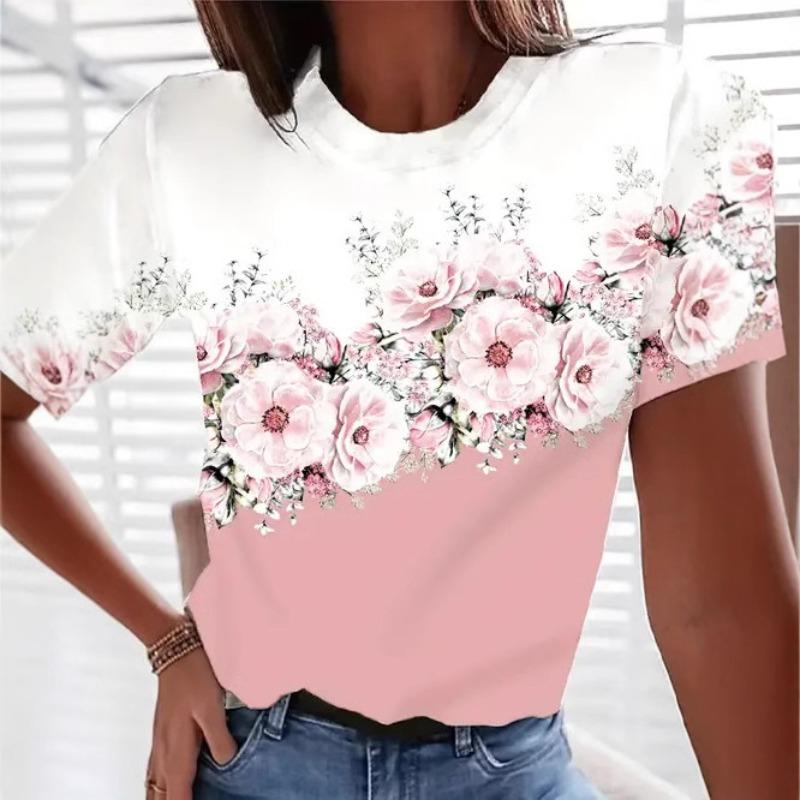 Digital Printed Pattern Women's Flower Short Sleeved Round Neck T-shirt