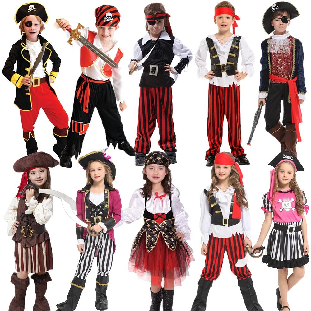 Kids Child Pirate Corsair Costume Buccaneer Cosplay for Boys Girls Purim Halloween Birthday Party Fantasia Dress Up