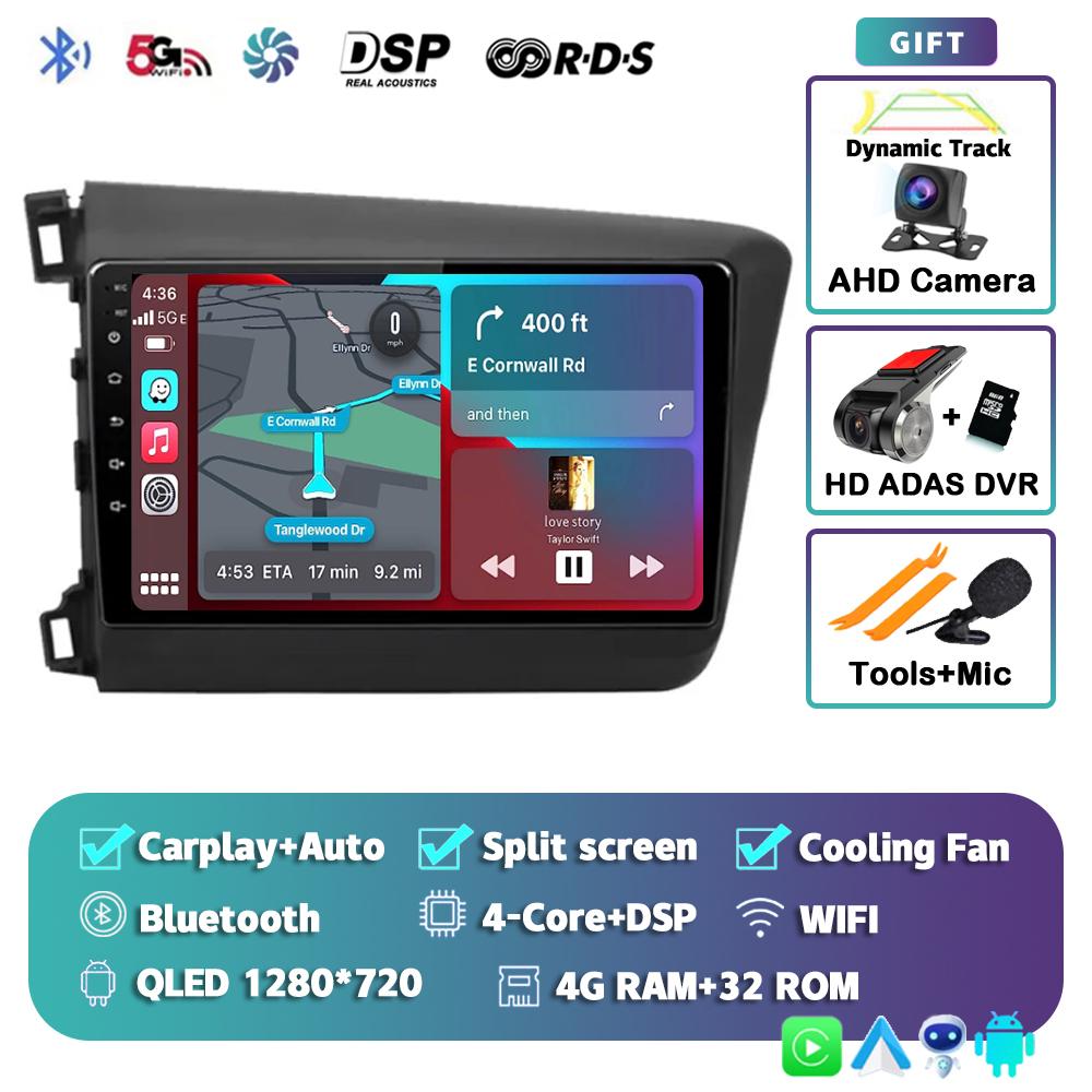 Android 14 Carplay Auto WIFI+4G Car Radio For Honda Civic 2012 2013 2014 2015 Multimedia Player Stereo GPS Head Unit No DVD 2Din