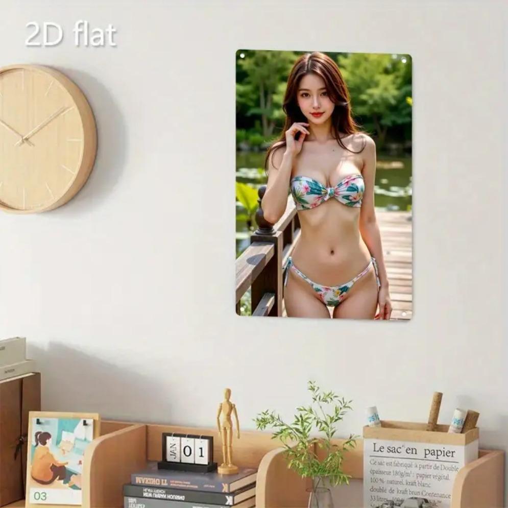 Vintage Kwiatowy Bikini Metalowa Sztuka Ścienna - Różowy i Żelazny Okrągły Znak Aluminiowy, Łatwy do Zawieszenia Dom Kawiarnia Bar Biuro Gospodarstwo Jesienne Dekoracje