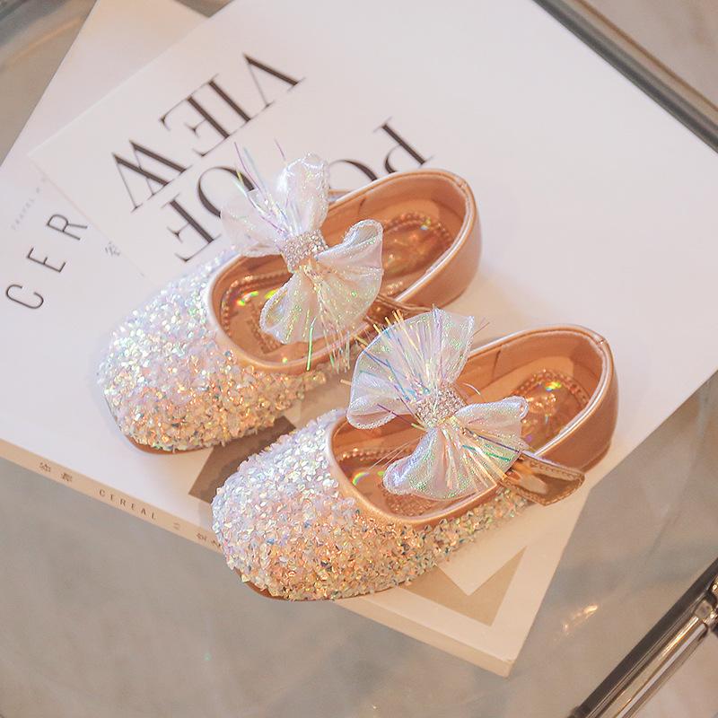 Rhinestone Round Toe Soft Children's Flat Shoes Lace Bow 2024 Spring Hook & Loop Girl Delicate Sweet Mary Jane for Party Wedding