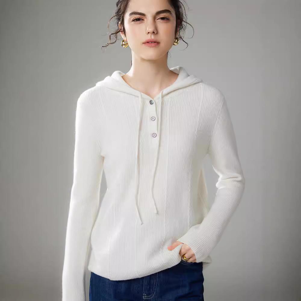 2024 Women's Cashmere Hooded Pullover: Loose Fit, Solid Color, Korean Style Autumn/Winter Sweater